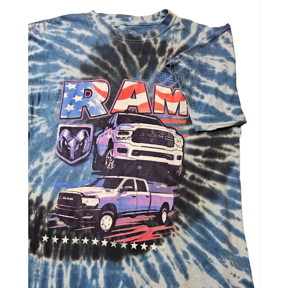 Ram‎ Blue White Multicolor Tie Dye Short Sleeve Graphic Shirt Adult Size L